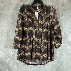 NY COLLECTION Women's Tan-Black Y-Neck 3/4 Roll-Tab Sleeve Top SZ L